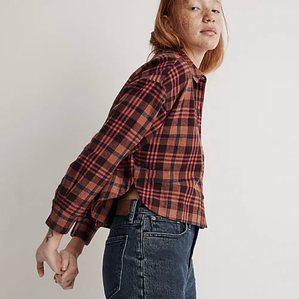 MADEWELL flannel long-sleeve crop shirt in plaid size medium